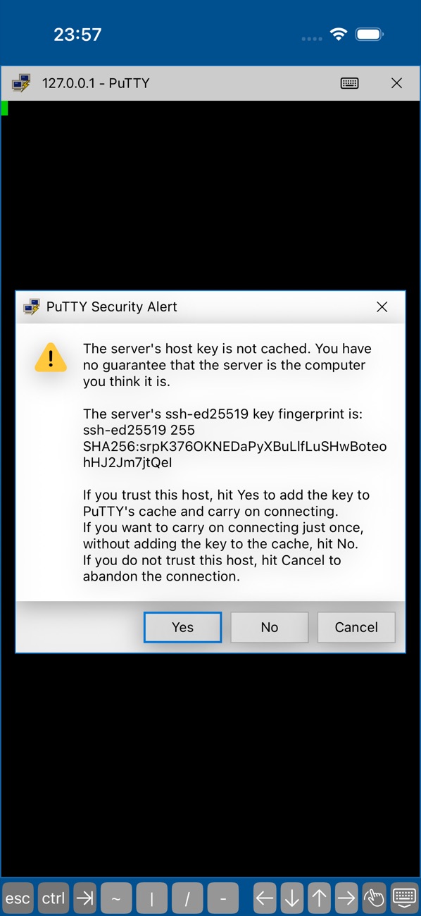 The PuTTY Security Alert asking whether to trust a new host key