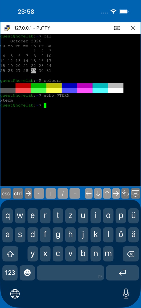 A terminal session with a calendar and PuTTY's sixteen colours